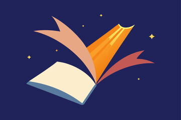 book pages flying under magical light beam