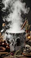 A steaming cauldron (no visible fire), with dense mist rising from within, surrounded by mysterious ingredients like dried herbs, antique bottles, and perhaps a small, decorative (not real) skull. The