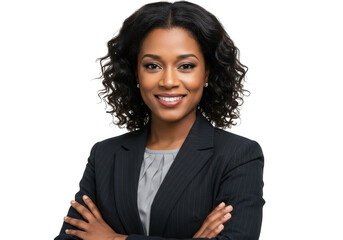 Professional black woman smiling with arms crossed isolated on transparent background
