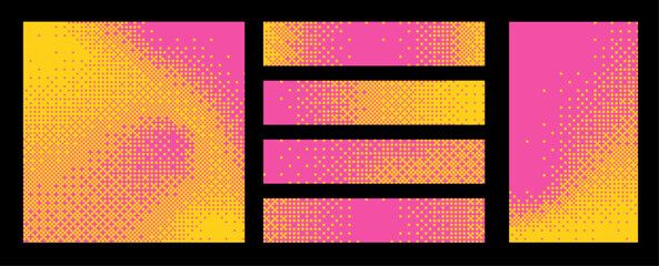 Pink and yellow pixelated bitmap texture background set. Retro pixel art, glitch dither pattern, 8 bit background. Leisure or arcade games duotone border frame. Vector illustration