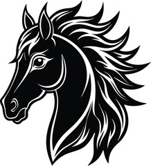 A powerful black horse head with flowing mane is isolated on white background