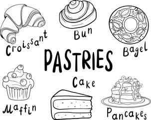 Set of dessert and bakery. Hand drawn vector illustration. Bakery product in doodle style. Icon croissant, bun, pancakes, muffin, bagel, cake. 