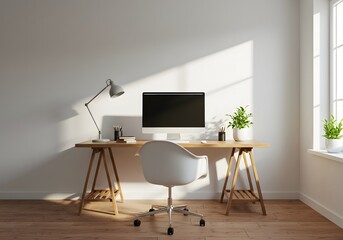 Scandinavian-style home office with warm wooden tones