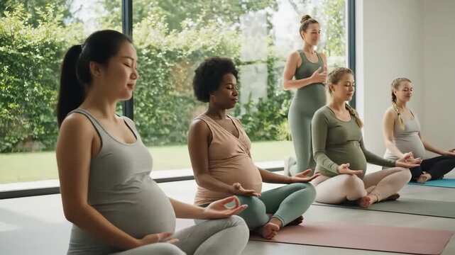 Group of diverse pregnant women in a prenatal yoga class with an instructor