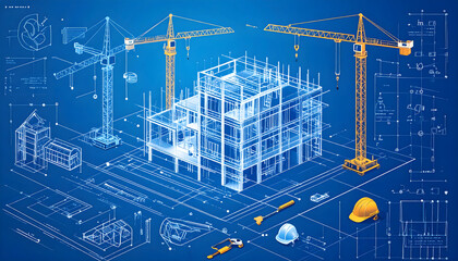 Isometric 3D Model of Building Under Construction with Blueprints and Cranes