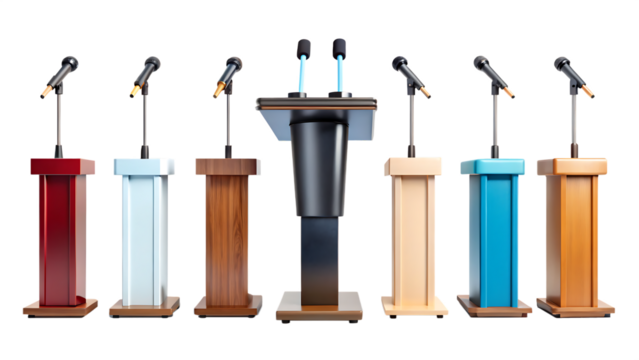 speech stand and microphone podium set isolated on white background, png, ai generated.