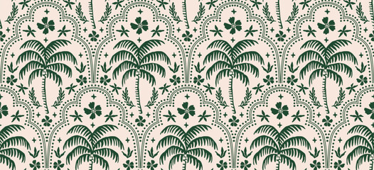 Hand drawn palm tree damask seamless pattern. Hawaiian print, summer holiday background in vintage style. Tropical plant painting. Design for fabric, textile, wallpaper and decoration.