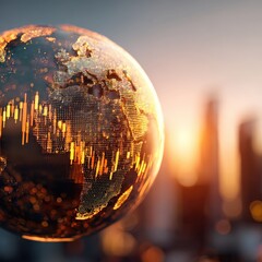 Digital Globe of Earth with Glowing Data Points and Financial Charts in Warm Sunset Light