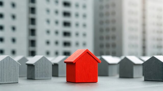 One red house block standing out among gray buildings — finding the right investment property
