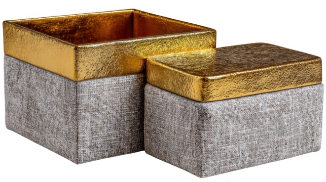 A set of two luxurious textured fabric boxes with gold accents, isolated on transparent background