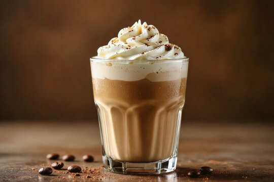 A glass of layered coffee with whipped cream sits on a rustic wooden surface, sprinkled with cocoa powder and scattered coffee beans.