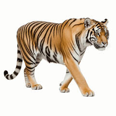Fototapeta premium Majestic Tiger on the Prowl: A regal tiger strides confidently, its iconic stripes and intense gaze embodying power and grace. A symbol of strength and conservation.