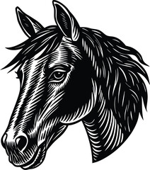 A detailed black and white vector illustration of a horse head with intricate line work