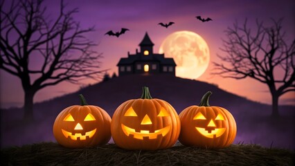 Three Jack-o'-lanterns glowing in the Halloween night, spooky haunted house and full moon in the background