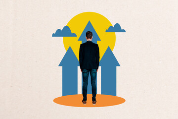 Sketch composite 3D collage trend artwork of young man stand back arrow up direction sun cloud...