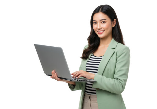 Young asian woman working on a laptop isolated on transparent background