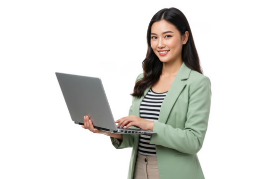 Young asian woman working on a laptop isolated on transparent background