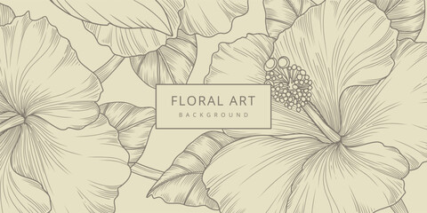 Floral Sketch Background with Hibiscus flowers and leaves pattern in line art style. Hand drawn vector botanical illustration for card, banner, print, poster, cover, wedding invitation, packaging