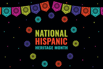 Fototapeta premium National Hispanic Heritage Month - festive horizontal banner. Vector template of Mexican design with festive colorful garlands, flowers, confetti and text. 