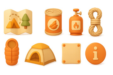 Camping equipment icons: minimalist 3d design featuring map, tent, and more