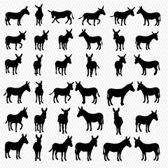 A collection of donkey silhouettes in various poses, including standing, walking, and looking, arranged on a grid-like background.