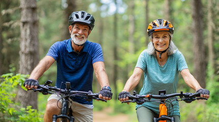 Senior couple enjoying a joyful bike ride through a lush green forest trail on a sunny day, depicting health and togetherness