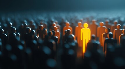 Obraz premium Bright Yellow Human Icon Standing Out Among Dark Silhouettes of People in Crowd
