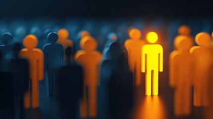 Illuminated Yellow Human Figure Standing Out Among Dark Blue Group of People in Crowd