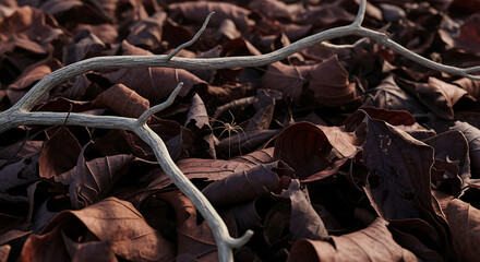 A pile of dry, crunchy autumn leaves in shades of dark brown and red, with a few dry, twisted branches scattered around. A single spider (realistic, but not threatening) weaves a thin web among the le
