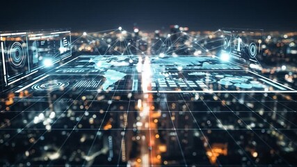 Futuristic Cityscape with Data Visualization Overlay and Network Connections at Night - Powered by Adobe