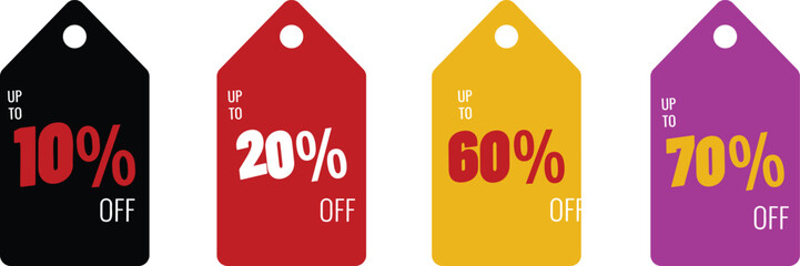 Discount product tag set. Shopping discount label badge collection with 10 to 70 percent off. Vector sale symbol for retail promotion, marketing and special offer.