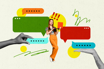 Composite artwork photo collage template sketch of young lady stand hold laptop hand show message...