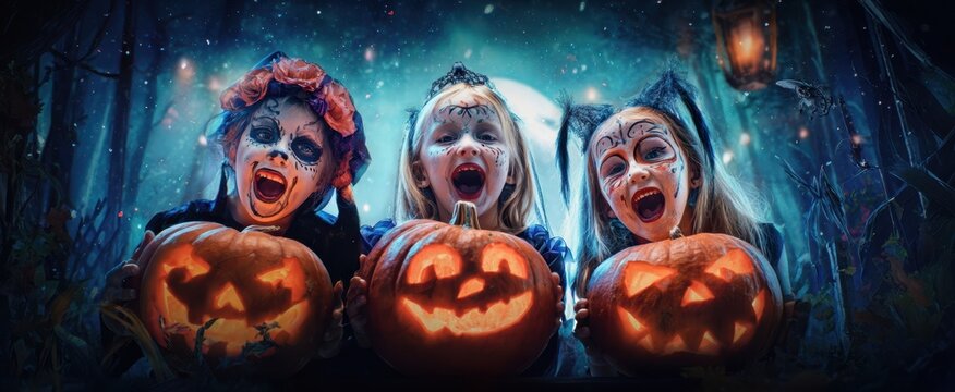The joyful children celebrating Halloween with carved pumpkins in spooky costumes.