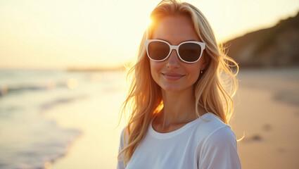 A woman in a white shirt and white sunglasses stands on a beach at sunset, with long blonde hair and a serene smile.