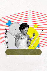 Poster trend sketch template 3D collage of pinup style hairdo young woman angry talk landline phone...