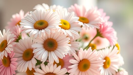 Fototapeta premium Fresh daisy bouquet bathed in soft sunlight, showcasing delicate pastel petals.