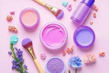 Naklejka premium A variety of makeup products on a pink background with flowers and brushes