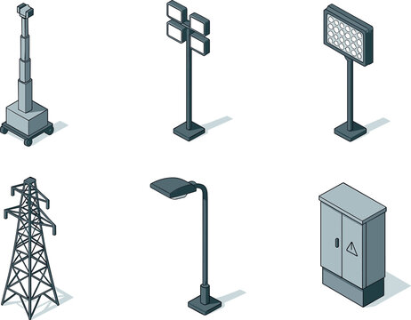 Utility structures and equipment in isometric style illustration