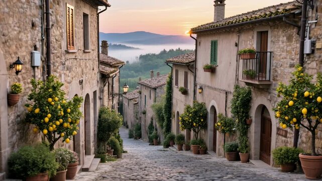 Stunning Cobblestone Street in a Historic European Village Illuminated by a Warm Sunset Glow