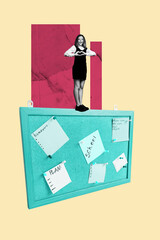 Vertical artwork exclusive collage of happy teenager schoolgirl stand noticeboard sticker memo show...