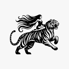 Obraz premium Graceful Woman Riding a Powerful Tiger Flowing Hair Dynamic Pose.