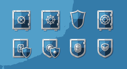 Collection of stylized blue and silver safes and shields, representing security and protection.