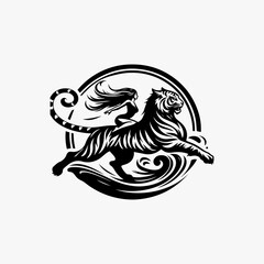 Fototapeta premium Striking Black and White Graphic Woman Riding a Leaping Striped Tiger.