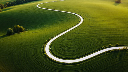 Aerial view of winding white path through green field with vehicle tracks visible