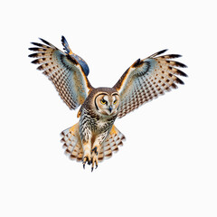 Fototapeta premium Soaring Spectacle: Witness the majestic grace of an owl in full flight, its wings outstretched in a captivating display of freedom and power.
