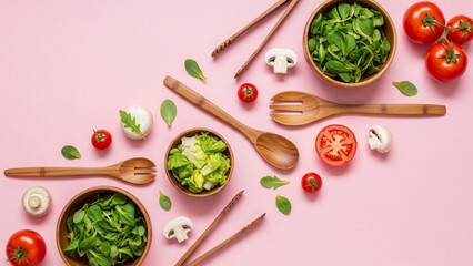 Overhead shot of salad ingredients with wooden bowl and serving utensils on tan