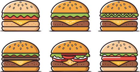 Set of Burger Illustration vector design, Burger Logo and icon design, Cartoon Burger vector design