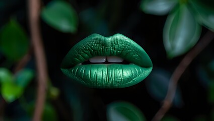 Close up of metallic green lips with white teeth visible against a dark leafy background