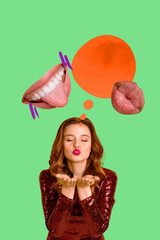 Poster mockup collage of person send air kiss think, mind cloud with lips mouth on green background
