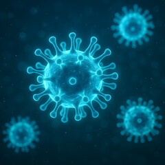 Microscopic Virus Particles: Glowing Scientific Visualization with Bokeh, Medical Research & Biotechnology Innovation Background.
